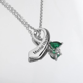 Mental Health Awareness Green Ribbon Necklace Mental Illness Jewelry Green Ribbon Depression Anxiety Warrior Gift (Mental Health heart N eu)