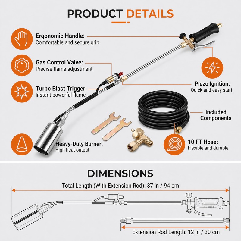 Heavy Duty Propane Weed Torch Burner Kit with 8.8FT Hose,