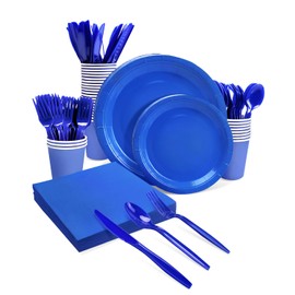 Lzerking Blue Party Supplies Set 224 Pieces of Blue Paper Plates, Cups, Napkins, and Heavy Duty Plastic Spoons Forks Knives for 32 Guests for Birthday, Graduation, Wedding, Festivals