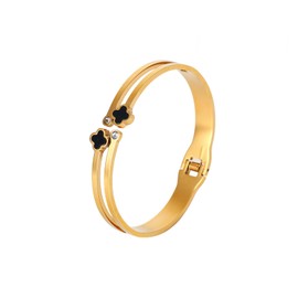 GAUEIOUR Gold Plated Bangle Bracelet,Black Shell Lucky Leaf Titanium Steel Bracelet, Fashionable Double-Layer Women's Zircon Open Bracelet, Double Lucky Symbol, Lucky Gift