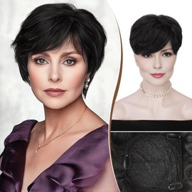 RUWISS Short Hair Toppers for Women Real Human Hair, 5x5.5 Base Pixie Cut with Bangs, Clip-In Curly Hair Pieces for Women with Thinning Hair, Natural Black