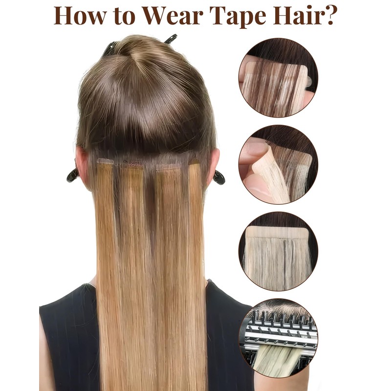 Hetto Tape in Hair Extensions Human Hair Ombre Natural Black
