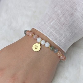 Women's Bracelet Made of Real Moonstones, Dog Paw Pendant, 925 Silver or Gold-Plated, Beautiful Gift for Dog Lovers (Moonstone)