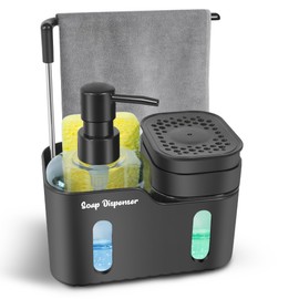 Dual Soap Dispenser Set for Kitchen Sink, 4-in-1 Hand & Dish Soap Dispenser with Sponge Holder, Brush Storage & Dishcloth Hanger, Removable & Non-Slip Design, Black