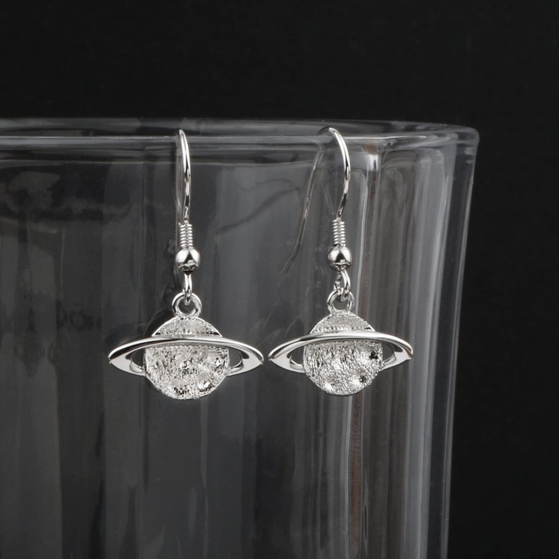 White Gold Plated 925 Sterling Silver Hammered Planet Saturn Dangle