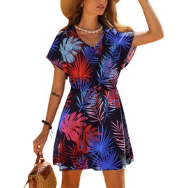 Ekouaer Women's Cover Ups Casual Swimsuit Coverups Flowy Tie Waist Beach Cover Up Dress(Black Red Leaf, Medium)