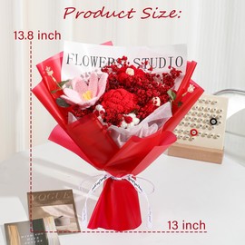 Crochet Rose Flower Bouquet, Handmade Artificial Crochet Flower Bouquet for Holiday, Wedding, Graduation, Anniversary, Birthday, Home Decoration (Red)