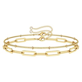 Lian 2Pcs Dainty Gold Bracelets for Women Girls Layered Gold Bracelets Paperclip Chain Link Bracelet Anklet 14K Gold Plated Boho Adjustable Bracelets for Women Jewelry