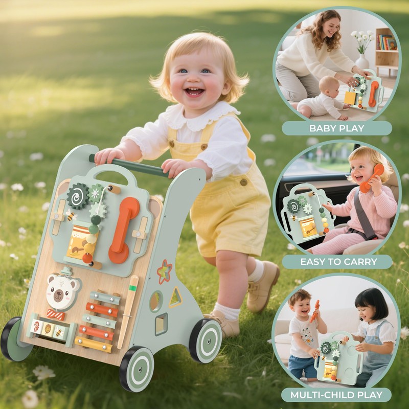 WOODMAM Wooden Baby Walker, Adjustable Speed Baby Push Walker for