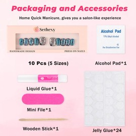 Sethexy Blue Cat's Eye Handmade Press On Nails Short Coffin Acrylic False Nails with Design Shiny Hand-Painted Salon False Nails for Women and Girls Pack of 10 (Blue4)