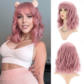 Short Pink Wigs With Bangs Shoulder Length Colorful Wig For Women Curly Wavy Synthetic Cosplay Pastel Wig for Girl Costume(12" Pink)