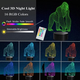Gorilla Night Light, Gorilla Gifts, Ape Decor, 3D Illusion Lamp with Remote Control, 16 RGB Colors, 4 Flashing Modes, Timer, Kids Room Decor