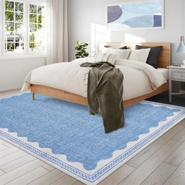 CAREMEE Scalloped Washable Rug 9x12 Area Rugs for Living Room, Solid Blue Rug for Bedroom Girls, Non Slip Throw Mat with Rubber Back, Soft Dorm Nursery 9x12 Carpet for Dining Room