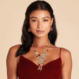 Flyonce Hollow Leaf Flower Chunky Long Big Statement Necklace Earrings Set, Crystal Vinatge Filigree Floral Cluster Costume Jewelry for Women Wedding Bridal Red