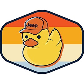 Jeep Duck Wearing Hat Sticker – Retro Stripe Background Vinyl Decal – 4" x 3" Screen-Printed Waterproof – Made in USA – Vehicle, Cooler, or Gear Accessory