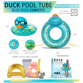 POZA Inflatable Duck Pool Float Tube- Heavy Duty Vinyl UV Resistant Confetti Pool Duck Floatie, Animal Pool Float Swim Ring Pool Inflatables for Kids and Adults for Beach, Party, Vacation - Blue Gold
