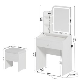 LIKIMIO Small Makeup Vanity Desk with Mirror and Lights, Vanity Table Set with Storage Drawer, Chair and Three Shelves, Bedroom, White