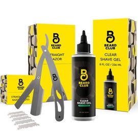 Beard Club Straight Razor for Men & Premium Shaving Gel for Men – Hydrating Mens Shave Cream for Sensitive Skin & Navajas Para Barbero - Barber Straight Edge Razor Kit, 5 Blades, Cedar Scent Gift Kit