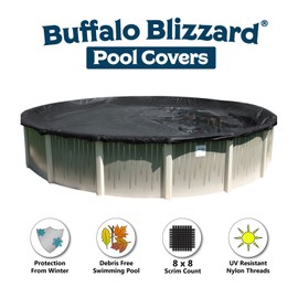Buffalo Blizzard Bundle for 24-Foot Round Above-Ground Swimming Pools | Deluxe Plus Blue/Black Reversible Winter Cover with 4-Foot Overlap | Mesh Leaf Net Cover Closing Kit