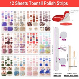 DANNEASY 12 Sheets Toe Nail Stickers Full Nail Wraps Glitter Toenail Polish Strips Self Adhesive Toes Nail Polish Stickers Gel Nail Strips Manicure Sticker with Nail File, Cuticle Stick