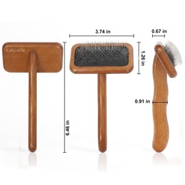 Natural Wood Cat Slicker Brush for Long & Short Haired Cats, Gentle Deshedding & Dematting Tool for Matted Fur, Soft Rounded Pins, Painless Grooming for Indoor Cats
