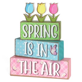 6 Pcs Spring Decorations for Home Wooden Tulips Flower Table Centerpieces Farmhouse Wood Block Signs Pastel Tulip Tabletop Easter Decor Indoor Tiered Tray Office Desk Shelf Mantel Fireplace Kitchen