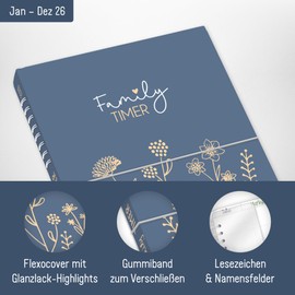 Häfft® Family-Timer 2026 A5+ "Fine Flowers Blue" Family Calendar for 4 People, Family Planner 12 Months: Jan to Dec 26, Family Organiser - Sustainable & Climate Friendly