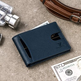 YBONNE RFID Blocking Slim Bifold Wallets for Men, Made of Finest Genuine Leather (Saffiano Denim Blue)