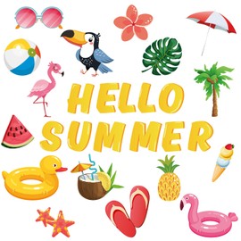 54pcs Summer Bulletin Board Decorations, Reusable Hello Summer Cutouts for Bulletin Board with Dot Glues Classroom Cut Outs Decorations in Different Patterns Summer Vibe