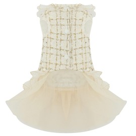 Dog Plaid Dress Lace Tulle Tutu Princess Skirt with Pearls Accessory for Small Girl Dogs Christmas Holiday Wedding Birthday Party (White, L)