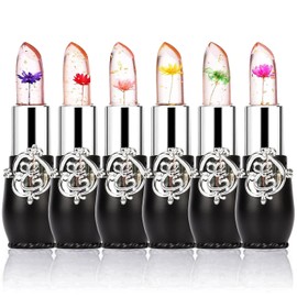 firstfly firstfly Pack of 6 Crystal Flower Jelly Lipstick, Long Lasting Nutritious Lip Balm Lips Moisturizer Magic Temperature Color Change Lip Gloss (Black)