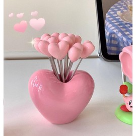 Set of 10 Stainless Steel Fruit Forks and 1 Pink Love Holder, Fruit Forks Salad Forks Food Picks