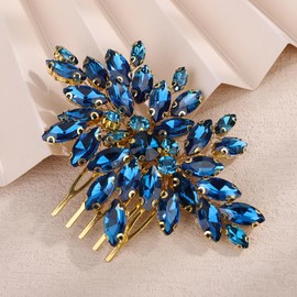 Teyglen Vintage Blue Rhinestone Bridal Hair Comb Bridal Crystal Side Comb for Wedding Hair Accessories Rhinestone Wedding Headpiece for Women Bridesmaid Party Prom(Peacock blue)