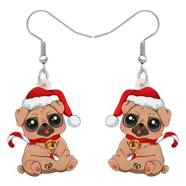 HUAGEO Acrylic Cute Christmas Hat Pug Dog Earrings Puppy Pets Dangle Jewelry Charms For Women Dog Lovers Festival Fun Gifts (Pink)
