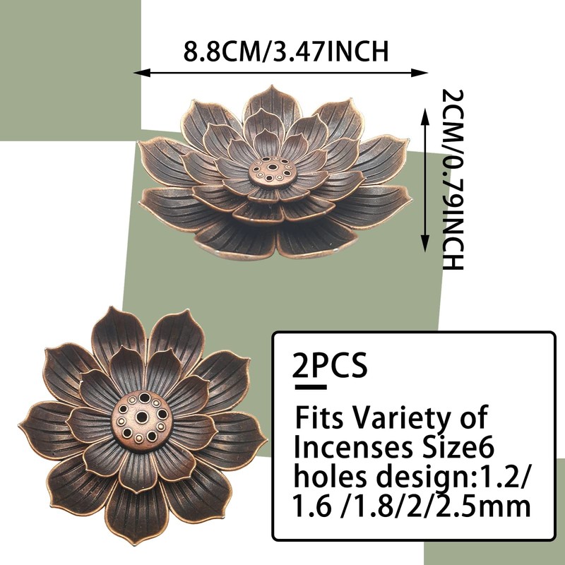 2-Pack Lotus Incense Holders, Detachable 6-Hole Brass Burner for Stick,