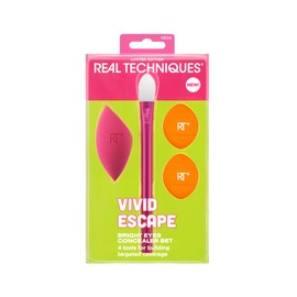 Real Techniques Vivid Escape Bright Eyes Concealer 4 Piece Set, Includes Kitten Paw Makeup Brush, Powder Puff, & Concealer Makeup Blending Sponge, Targeted Concealing, Travel Friendly, Cruelty-Free