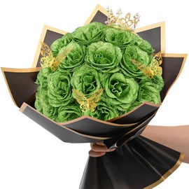 Waipfaru Glitter Roses Bouquet, DIY Green Fake Flowers Bouquet, Artificial Rose Bouquet for Valentines, Anniversary, Engagement, St. Patrick's Day, Wedding, 24 Roses