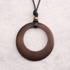 GelConnie Bohemian Wooden Necklace Boho Necklaces for Women Trendy Leather Cord Wooden Pendant Long Brown Necklace Hippie Jewelry