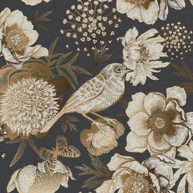 Wallercity Golden/Black Peony Peel and Stick Floral Wallpaper Vintage Floral Contact Paper for Cabinets and Drawers Vinyl Self Adhesive Removable Vintage Wallpaper for Bedroom Shelf Liner 17.5''x102''
