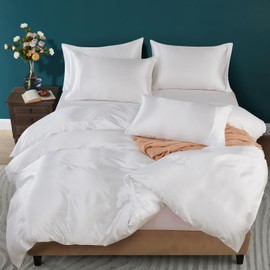 Horbaunal 5 Pieces Satin Duvet Cover Set Queen/Full Size White Duvet Cover with Corner Ties & Zipper Closure, Luxury & Silky Bedding Set, 1 Duvet Cover and 4 Pillowcases (No Comforter)