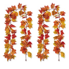 2 Pack Fall Maple Leaf Garland Decor Autumn Hanging Vine Garland Artificial Autumn Leaves Thanksgiving Decorations for Fall Indoor Outdoor Home Fireplace Stairs Party Supplies (Maple Leaf-Z)