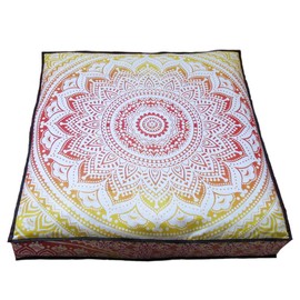 ICC Large Square Floor Pillow Cover Hippie Ottoman Pouf Cover Daybed Cotton Mandala Cushion Cover with Heavy Duty Zipper Seating Ottoman Poufs Dog-Pets Bed (Yellow/ Orange Ombre, 35" Square)