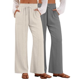 Xaatren 2 Pack Women's Linen Pants Summer Wide Leg Drawstring Elastic Waist Pant Casual Loose Fit Beach Trousers with Pockets(Flaxen, Gray,Medium)