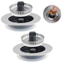 2 Pack Kitchen Sink Drain Strainer Stopper, Stainless Steel Wrapped Pop Up Sink Stopper Strainer Basket for Standard 3-1/2 Inch Kitchen Sink, 3-in-1 Sink Drain Stopper with Metal Strainer, Chrome
