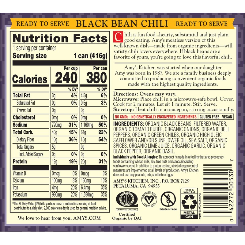 Amy's Organic Chili, Vegan Medium Black Bean Chili, Gluten Free,