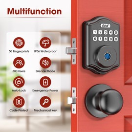 Keyless Entry Door Lock Set, Guarder Fingerprint Front Door Lock Set with Knob, Electronic Keypad Door Lock,300 User, Auto-Lock Deadbolt Lock, IP66 Waterproof for Exterior Door