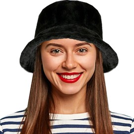 Fuzzy Bucket Hat for Women Foldable Furry Fur Bucket Hat Winter Warm Hats for Women Men Black