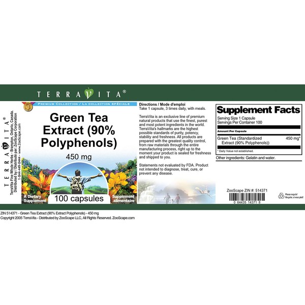 Terravita Green Tea Extract (90% Polyphenols) - 450 mg (100 Capsules, ZIN: 514371) - 2 Pack