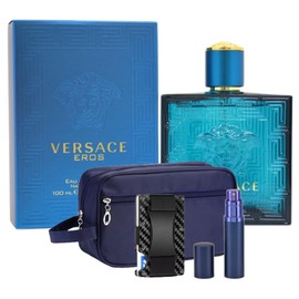 Caroula Beauty Eros for Men 3.4oz EDT - Luxury Gift Set - Toiletry Bag, Fillable Travel Perfume Atomizer and RFID Metal Carbon Fiber Minimalist Wallet