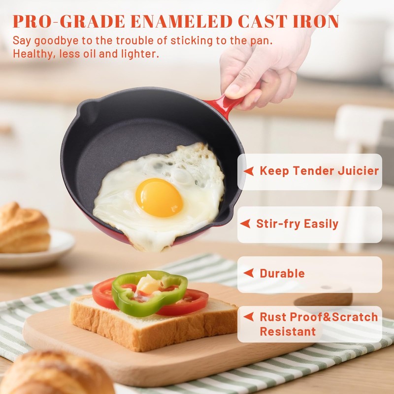 Tastedeli Enameled Cast Iron Skillet 10inch with Pour Spouts for